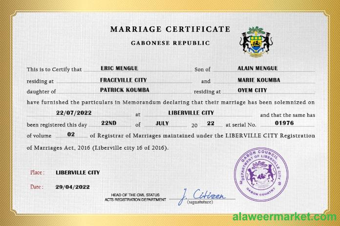 Gabon marriage certificate PSD template